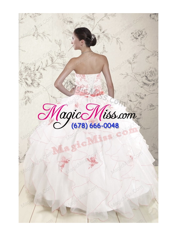 wholesale most popular white quinceanera dresses with pink appliques and ruffles