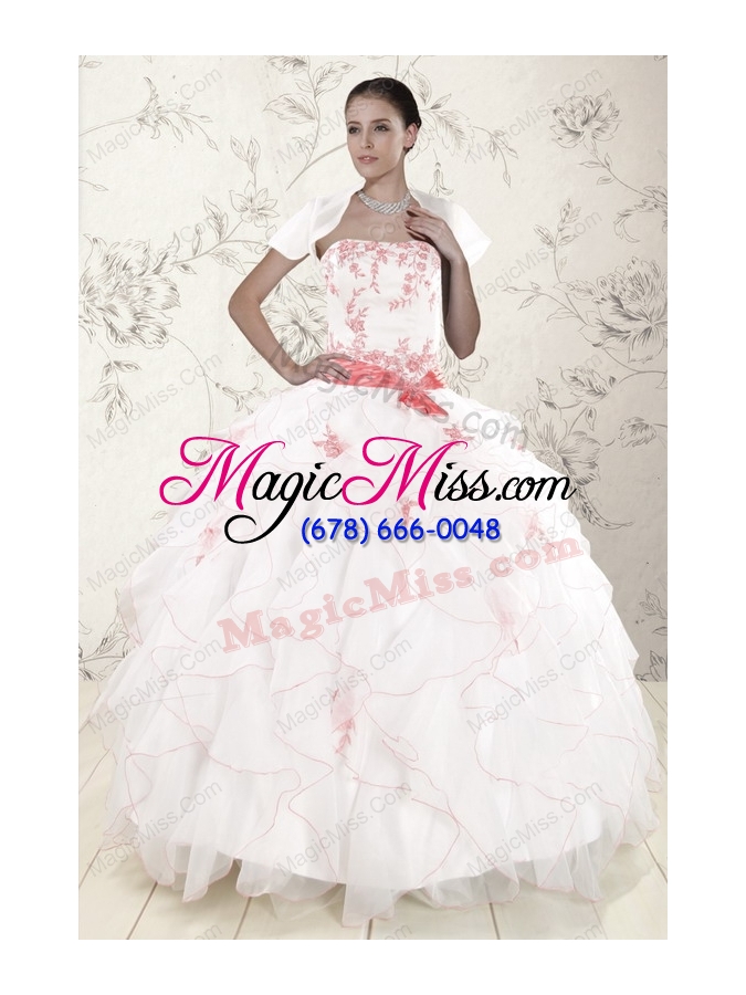 wholesale most popular white quinceanera dresses with pink appliques and ruffles
