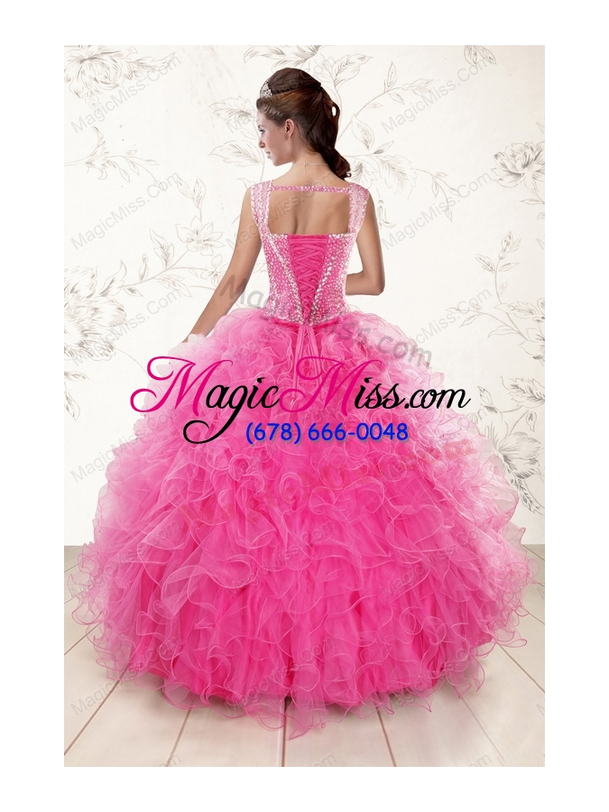 wholesale 2015 pretty straps hot pink quinceanera dresses with beading