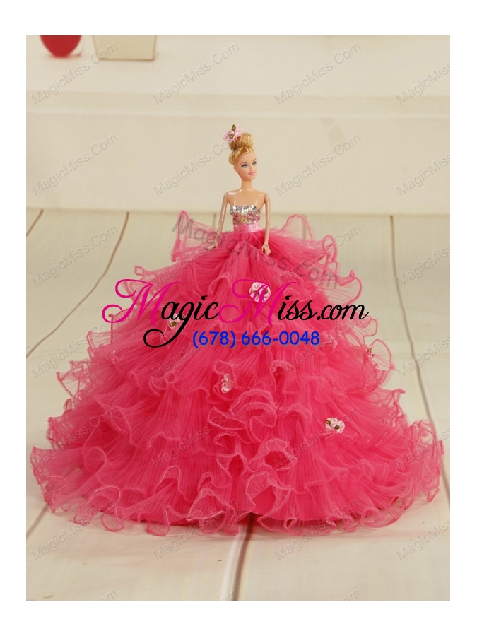 wholesale 2015 new style appliques and ruffles quinceanera gowns in hot pink