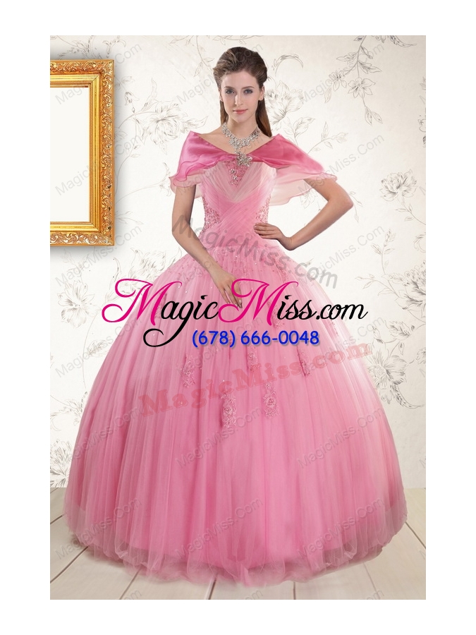 wholesale 2015 new style pink quinceaneras dresses with appliques and beading