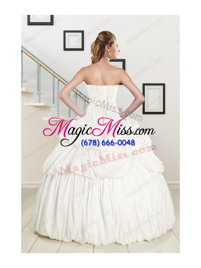 wholesale 2015 white taffeta dresses for a quinceanera with beading and pick ups
