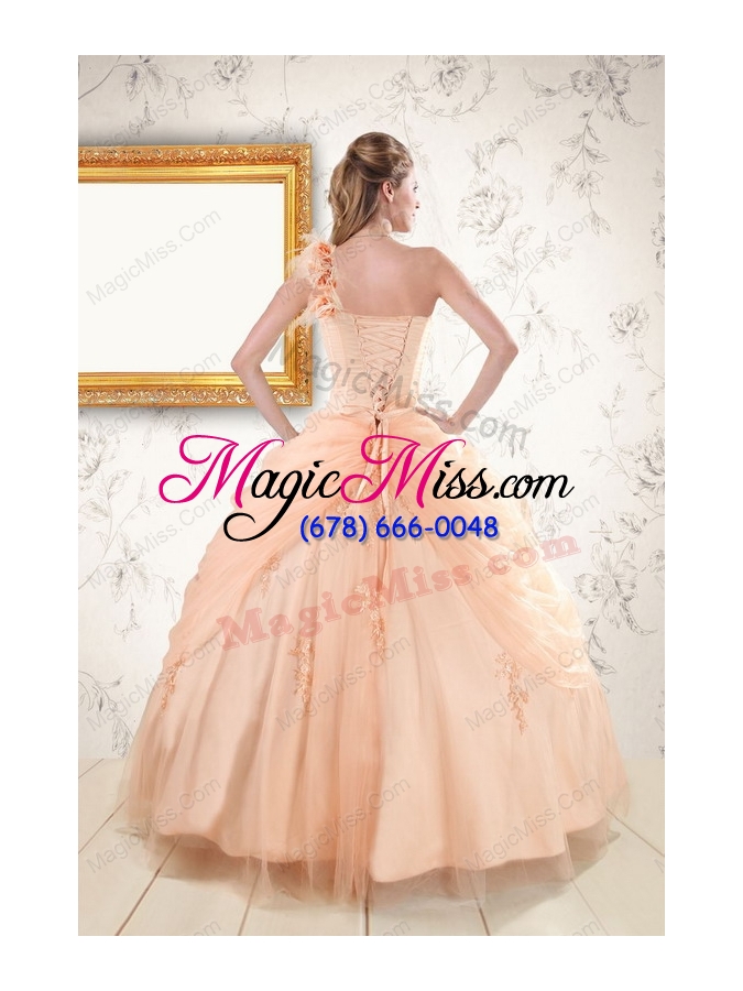 wholesale 2015 pretty one shoulder appliques quinceanera dress in peach