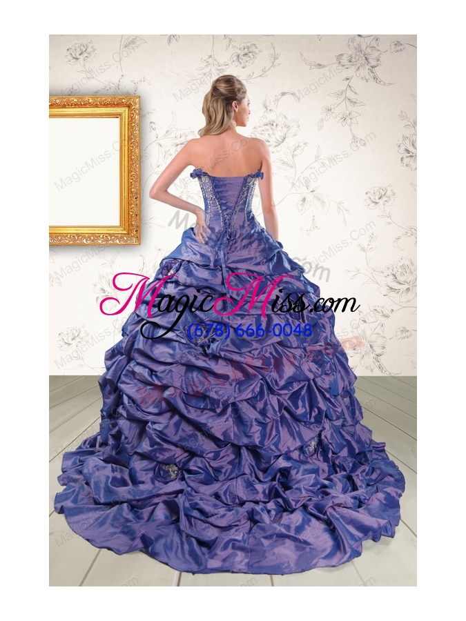 wholesale 2015 beaded and pick ups purple quinceanera dresses with brush train