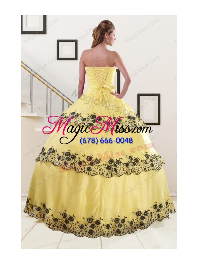 wholesale 2015 light yellow quinceanera dress with appliques and ruffled layers
