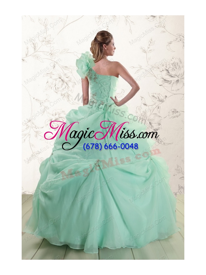 wholesale 2015 apple green one shoulder cheap quinceanera dresses with appliques