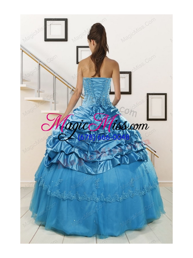 wholesale 2015 spring wonderful strapless appliques quinceanera dresses in teal