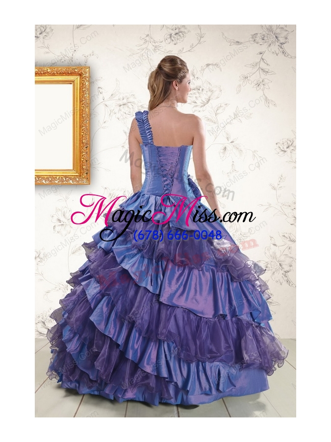 wholesale 2015 remarkable one shoulder hand made flowers and ruffles quinceanera dresses