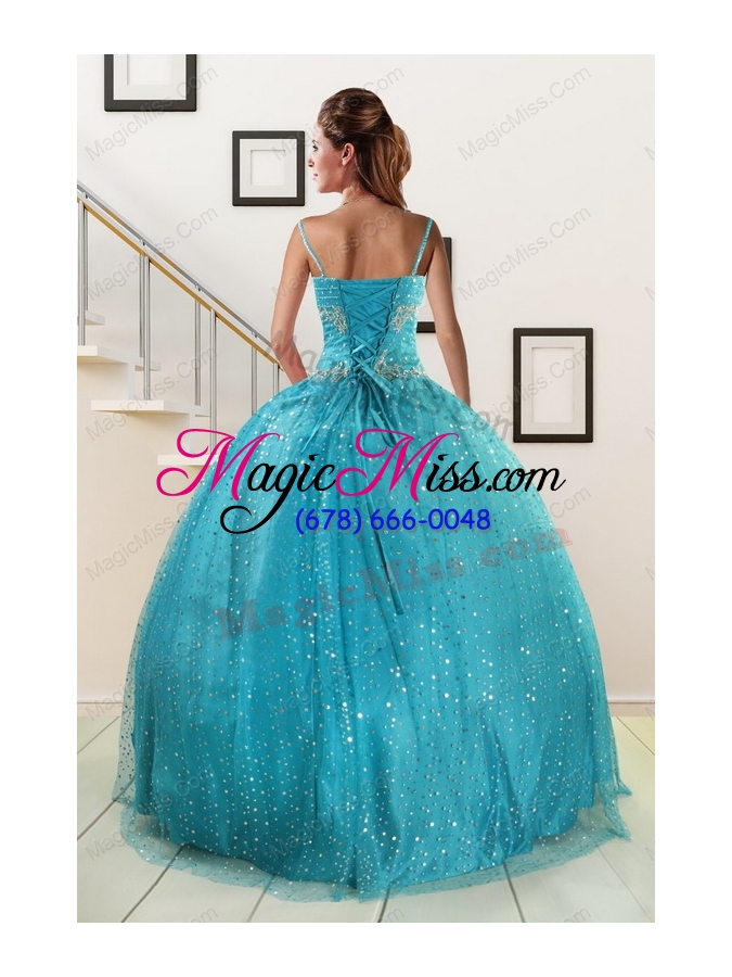 wholesale perfect spaghetti straps appliques sequins turquoise quinceanera dresses for 2015