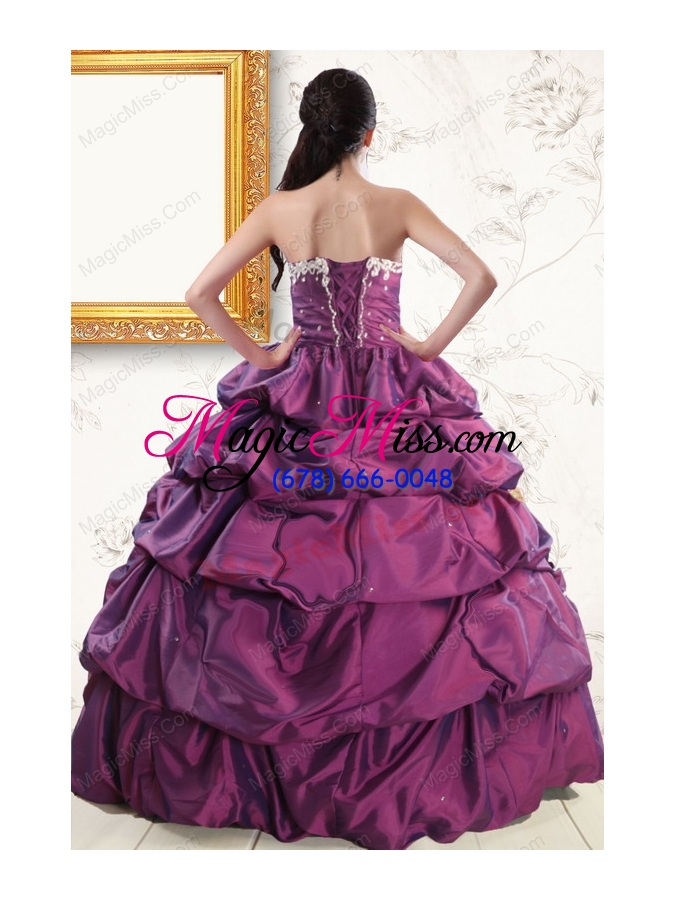 wholesale 2015 sweetheart purple quinceanera dresses with appliques and pick up