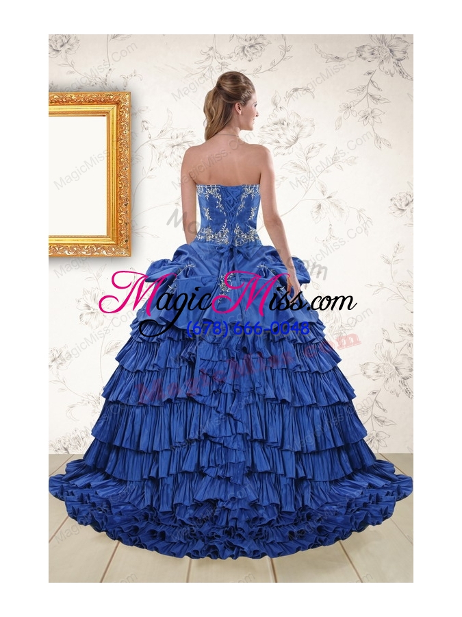 wholesale modern royal blue appliques and pick ups quinceanera dresses with brush train