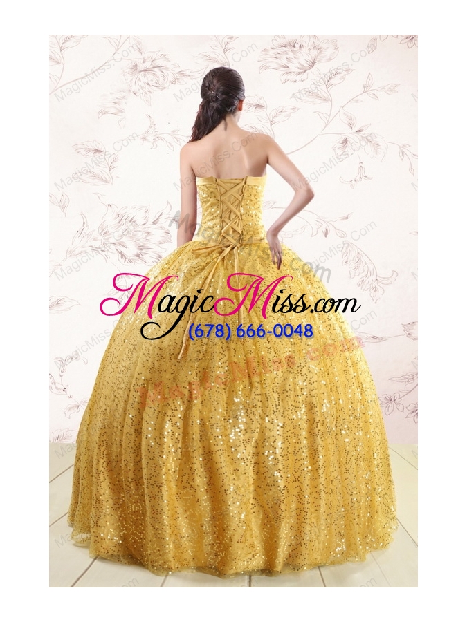 wholesale romantic yellow sequined quinceanera dress with strapless