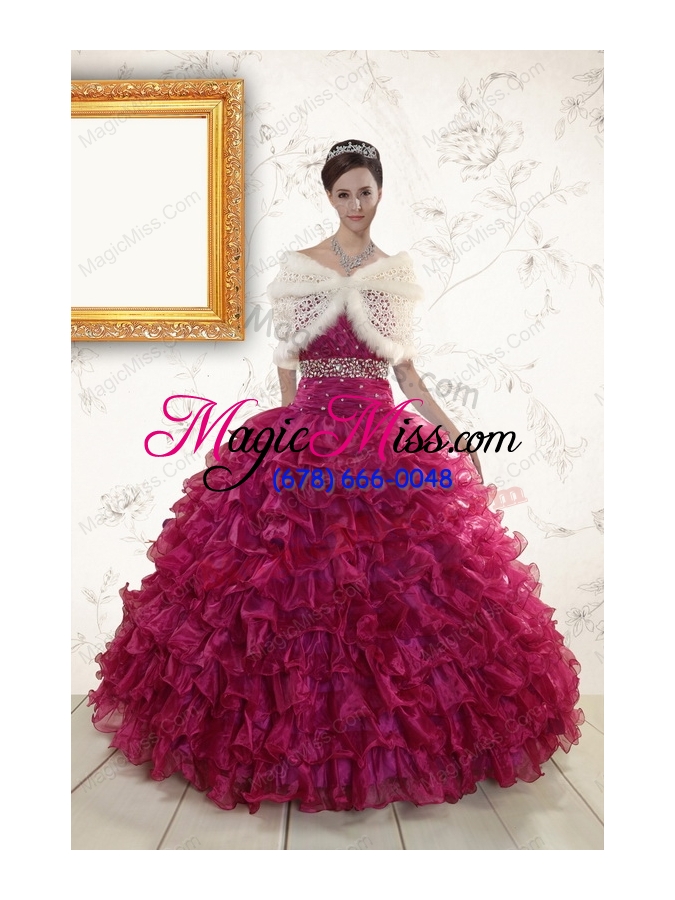 wholesale 2015 burgundy quinceanera gown with beading and ruffles