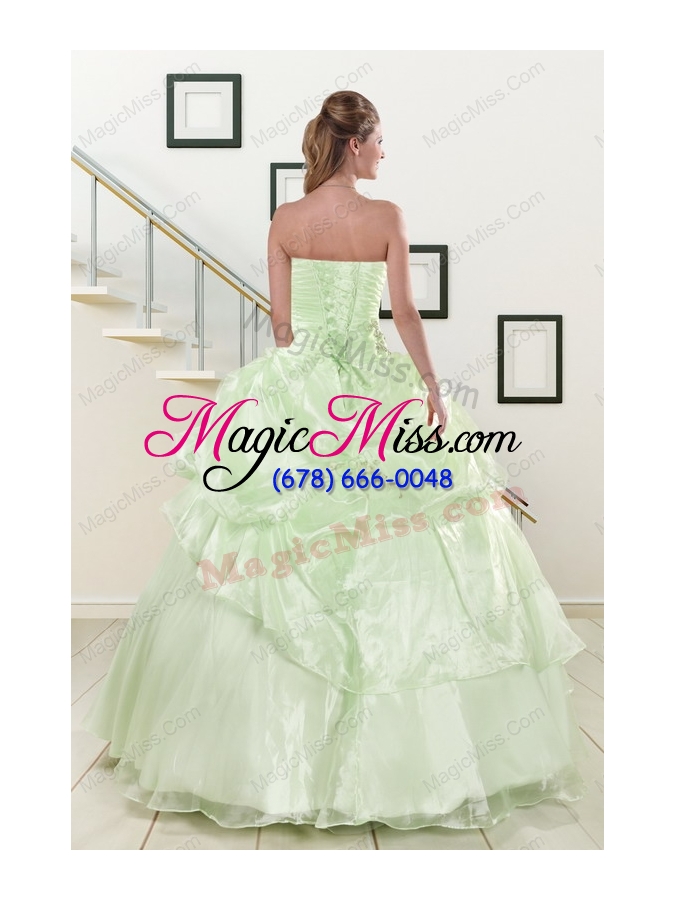 wholesale 2015 cheap strapless yellow green quinceanera gowns with beading