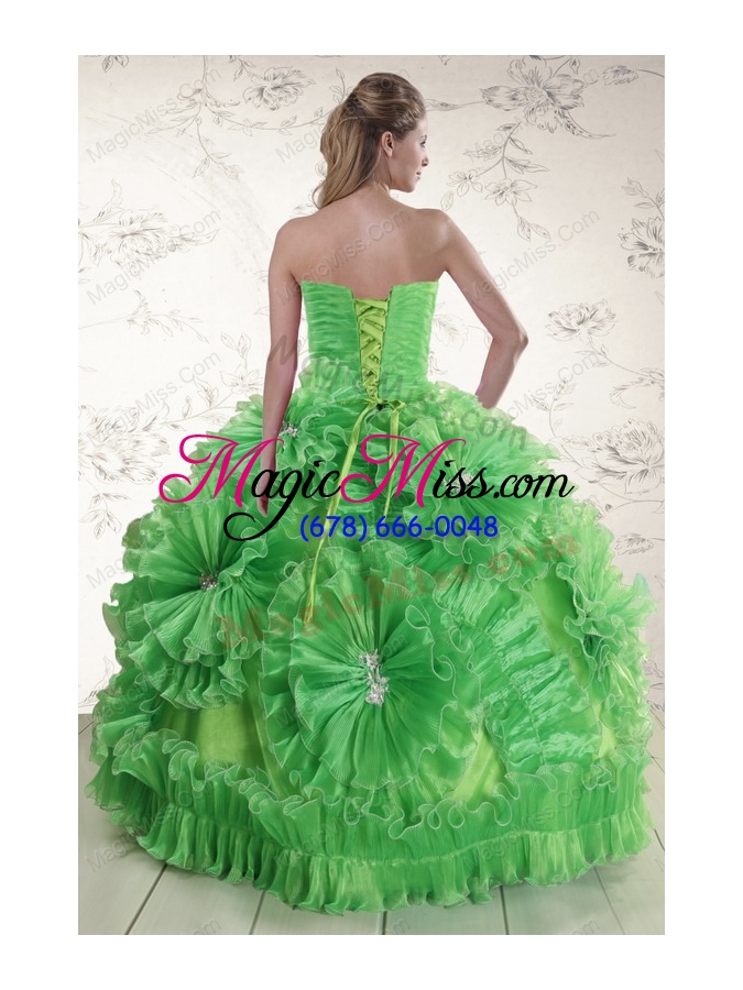 wholesale 2015 classical sweetheart green quinceanera dresses with appliques and ruffles