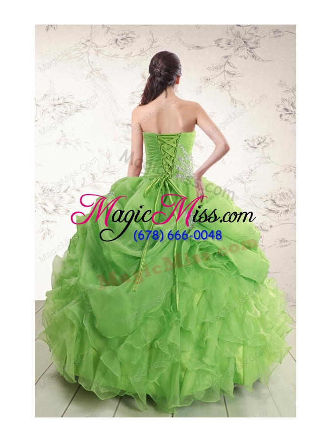 wholesale 2015 puffy strapless appliques quinceanera dresses in spring green