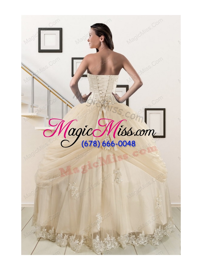wholesale custom made appliques and hand made flower champagne quince dresses