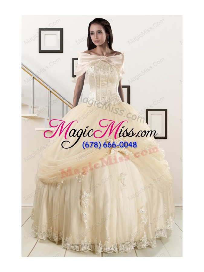 wholesale custom made appliques and hand made flower champagne quince dresses