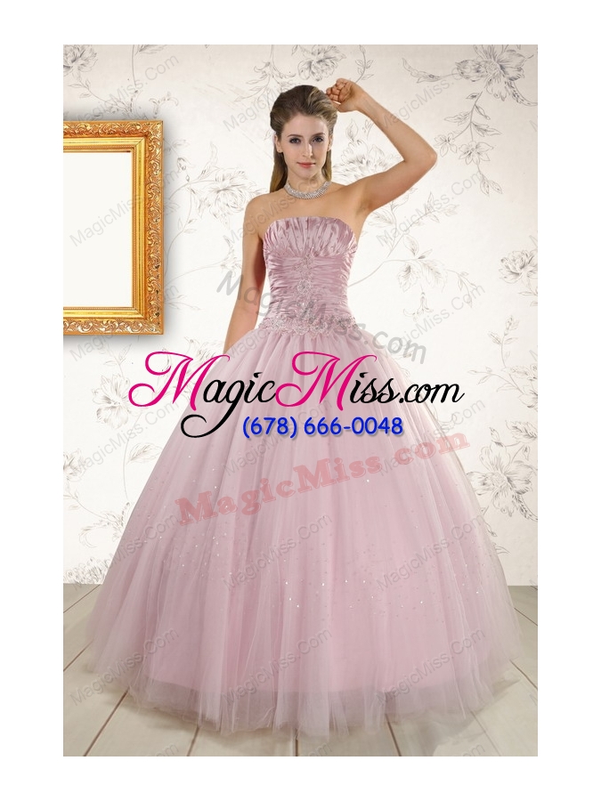wholesale 2015 light pink strapless unique sweet 16 dresses with appliques