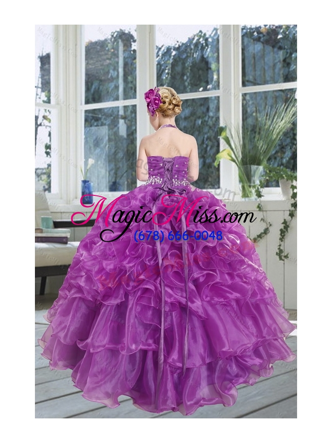 wholesale 2015 romantic beading and ruffles organza little girl pageant dress with halter