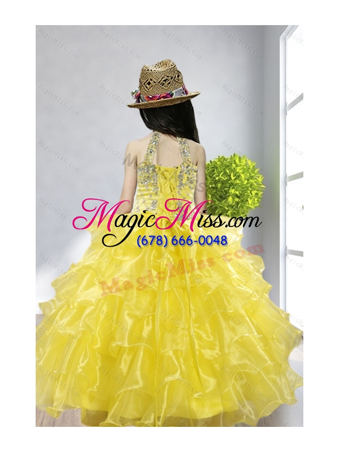 wholesale yellow ball gown halter beading and ruffles little girl pageant dress for 2015
