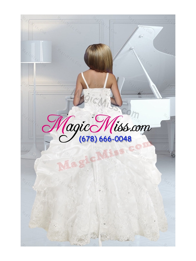 wholesale appliques and ruffles white delicate little girl pageant dress with spaghetti straps