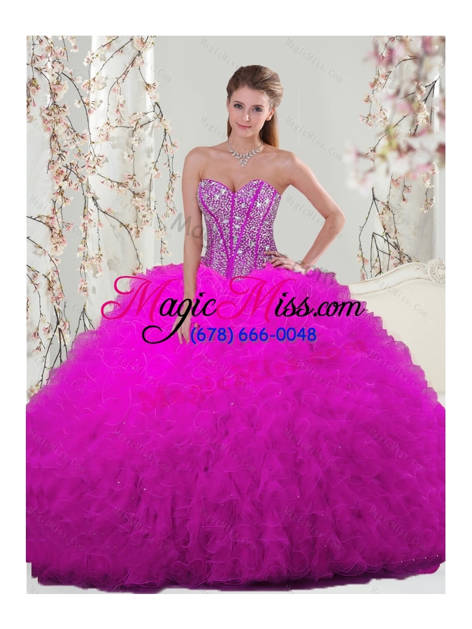 wholesale luxurious quinceanera dresses with beading and ruffles in fuchsia for 2015 spring