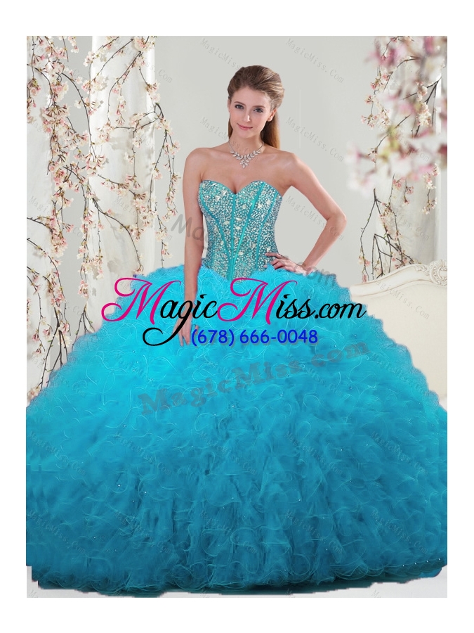 wholesale 2015 new style and detachable spring luxurious beading and ruffles turquoise dresses for quince