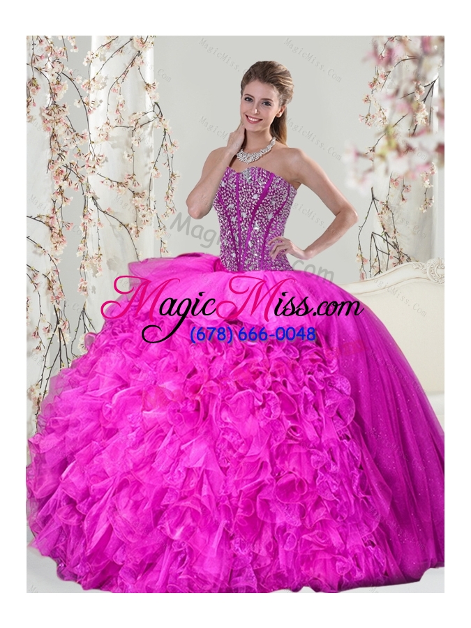 wholesale 2015 spring detachable hot pink sweet 15 dresses with beading and ruffles