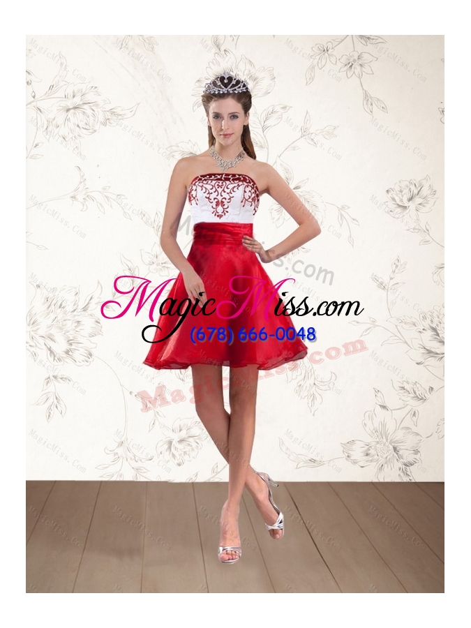 wholesale pretty white and wine red high low strapless prom dresses with embroidery