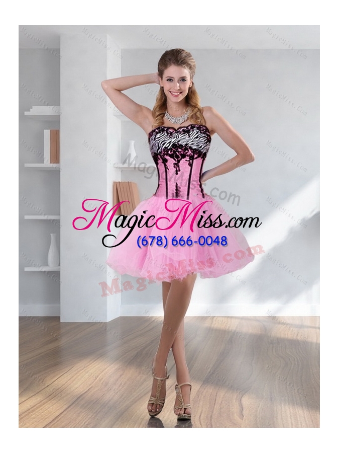 wholesale 2015 zebra printed strapless high-low rose pink prom dresses with embroidery