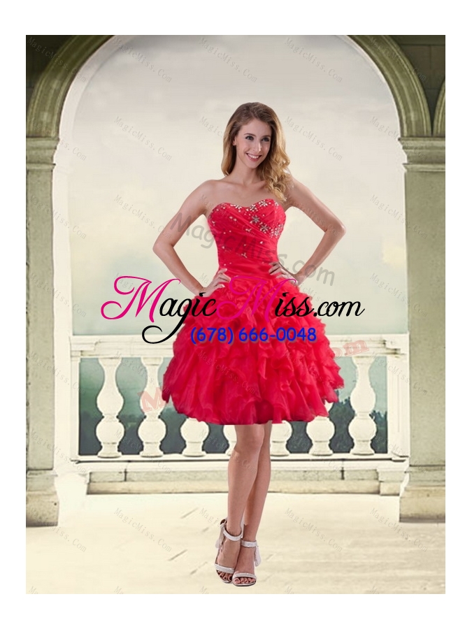 wholesale coral red ball gown strapless prom dresses with ruffles and beading