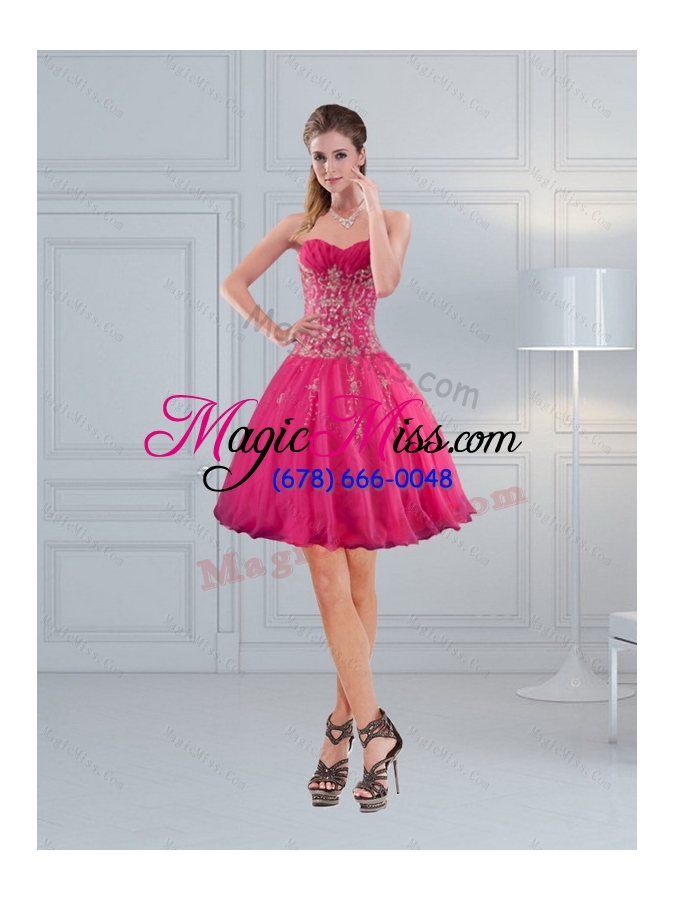 wholesale high low sweetheart hot pink 2015 prom dress with embroidery and beading