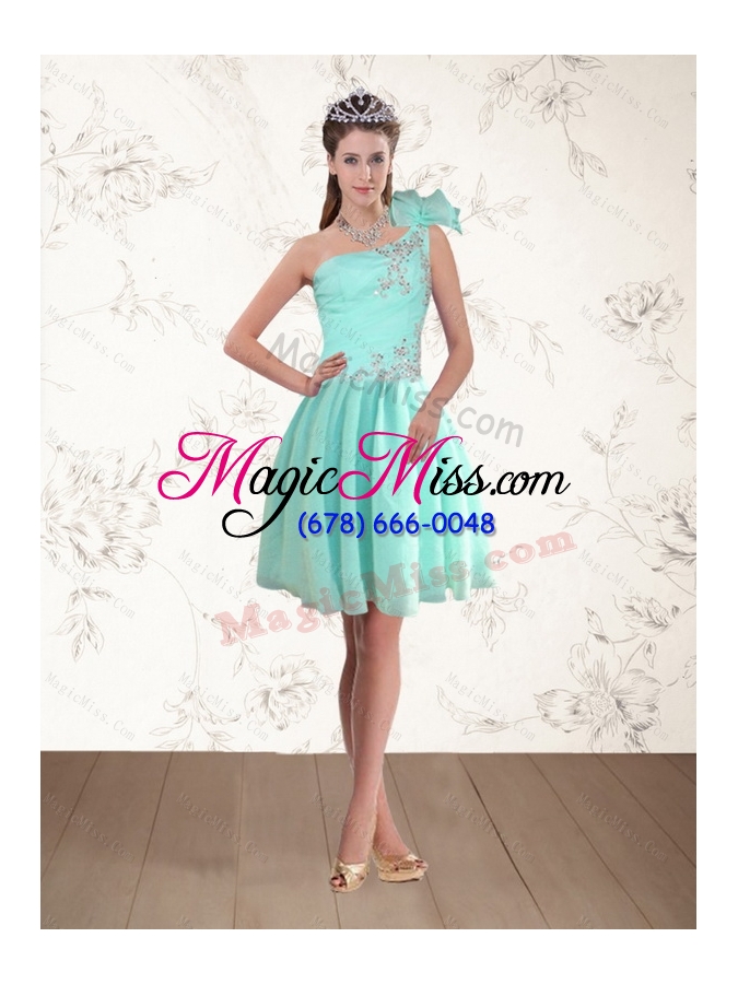 wholesale 2015 apple green one shoulder prom dresses with embroidery and hand made flower