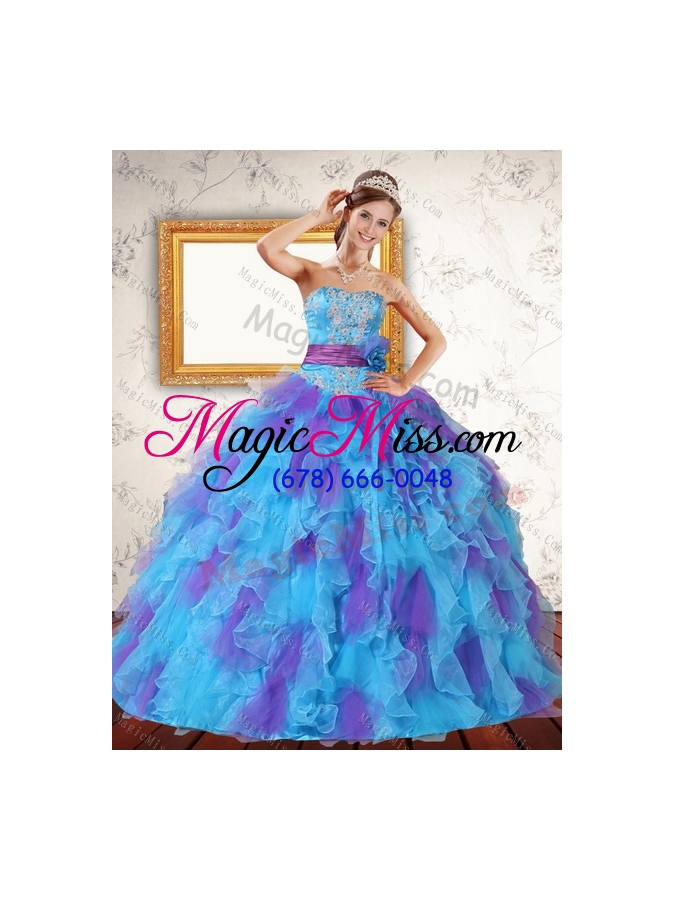 wholesale beaded strapless multi color quinceanera dresses with ruffles and sash for 2015