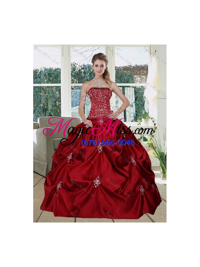 wholesale detachable wine red strapless quinceanera gown with embroidery