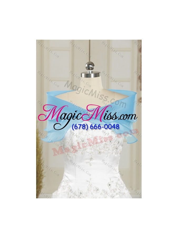 wholesale 2015 beautiful strapless beading and appliques quinceanera dress in white and blue