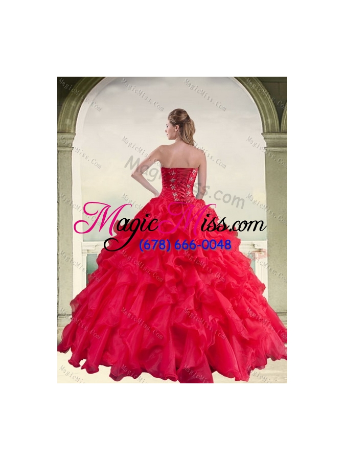 wholesale 2015 elegant red strapless quinceanera dress with ruffles and beading
