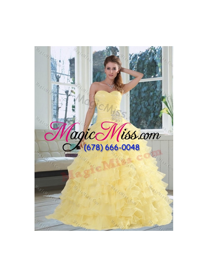 wholesale sweetheart quinceanera dress with beading and ruffles in yellow