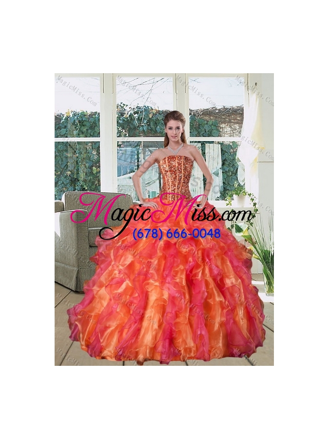 wholesale 2015 multi color strapless quinceanera dress with beading and ruffles