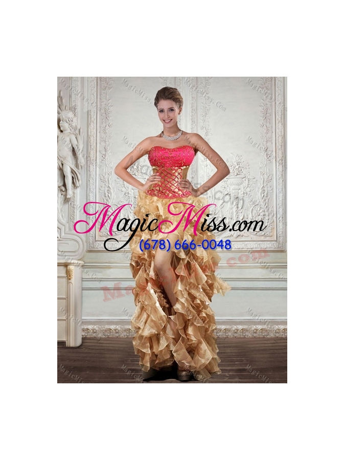wholesale 2015 gold strapless quince dress with beading and embroidery