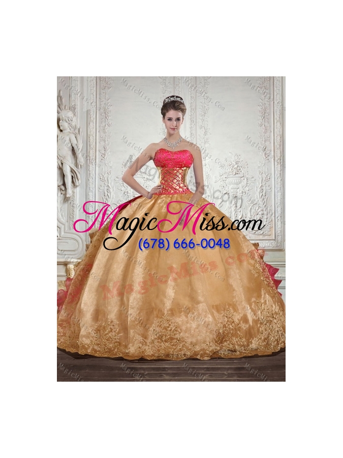 wholesale 2015 gold strapless quince dress with beading and embroidery
