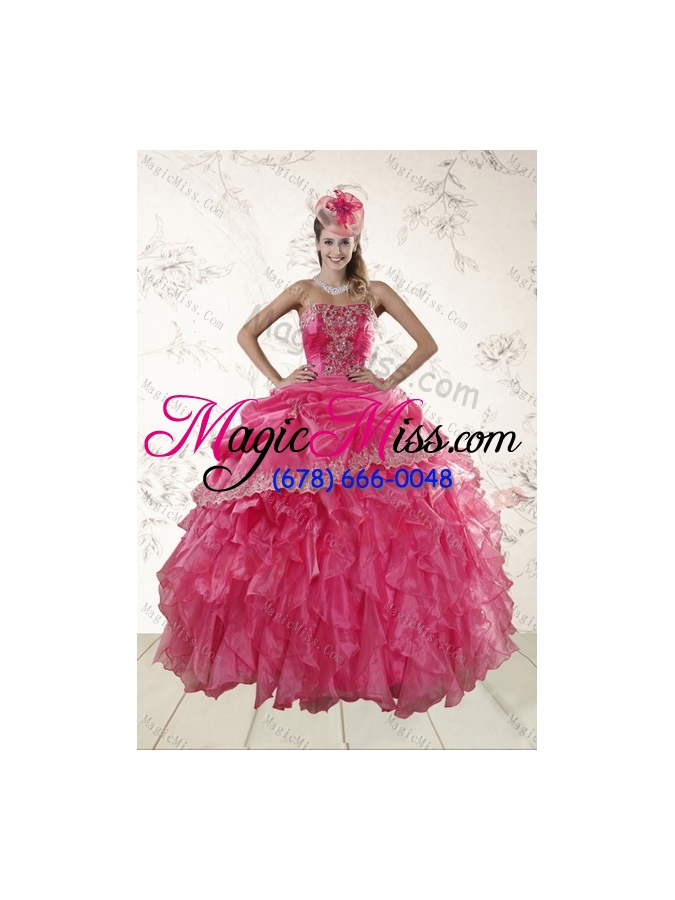 wholesale the most popular 2015 hot pink quince dresses with ruffles and appliques