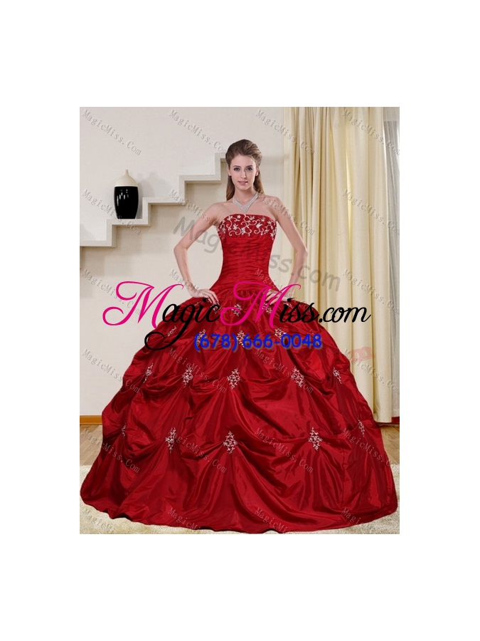 wholesale 2015 floor length strapless sweet 16 dress with embroidery and pick ups