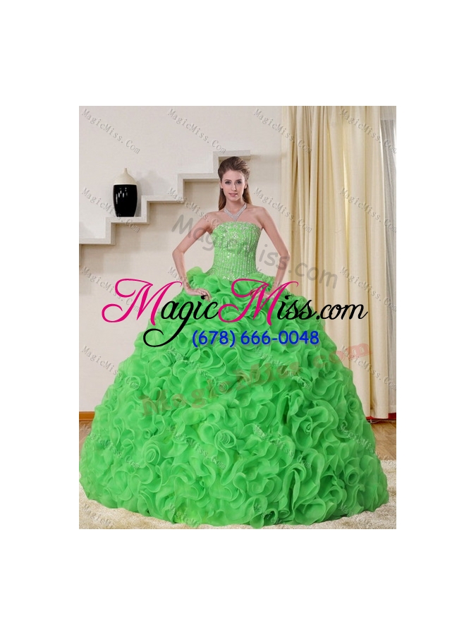 wholesale pretty and detachable strapless spring green quince dress with beading and ruffles