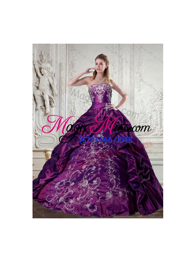 wholesale embroidery and detachable strapless quinceanera dress in purple for 2015