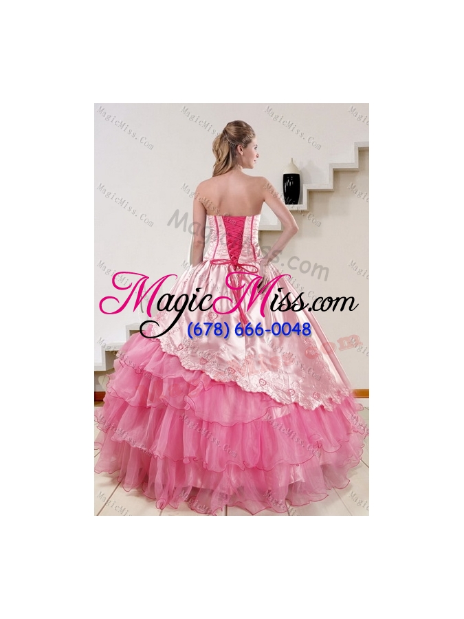 wholesale strapless pink 2015 cute quinceanera dresses with embroidery and ruffles