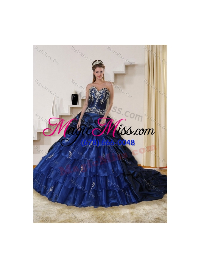 wholesale detachable navy blue sweetheart quinceanera dress with embroidery and ruffles