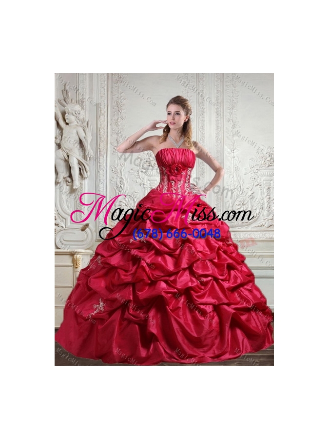 wholesale 2015 strapless red quinceanera dress with appliques and pick ups