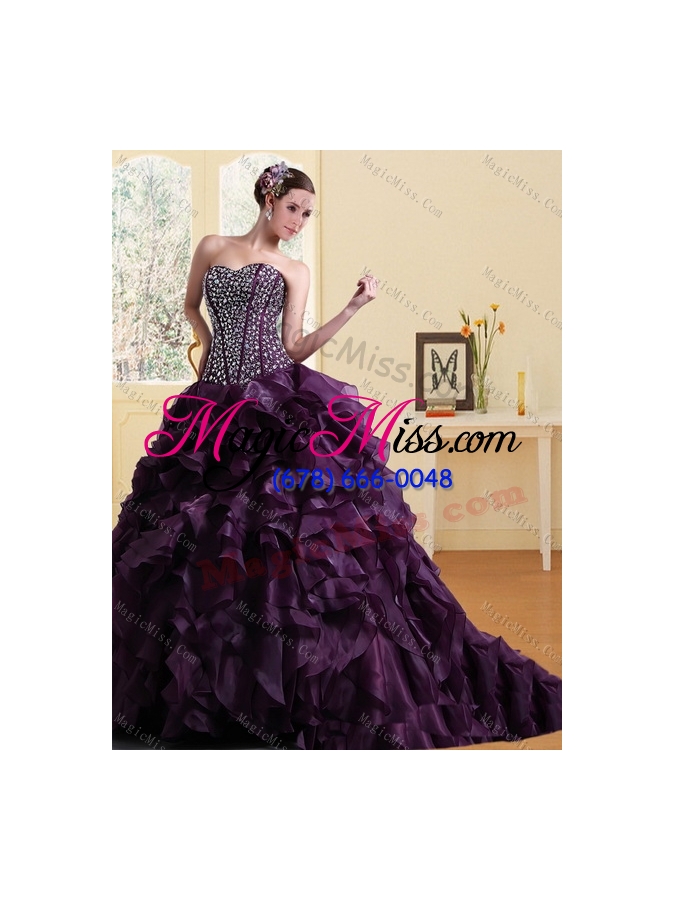 wholesale detachable purple sweetheart quince dress with ruffles and beading
